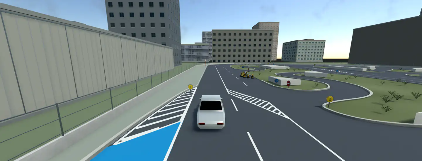 指定直线:车沿外周道路直行,左边是蓝色乘降带